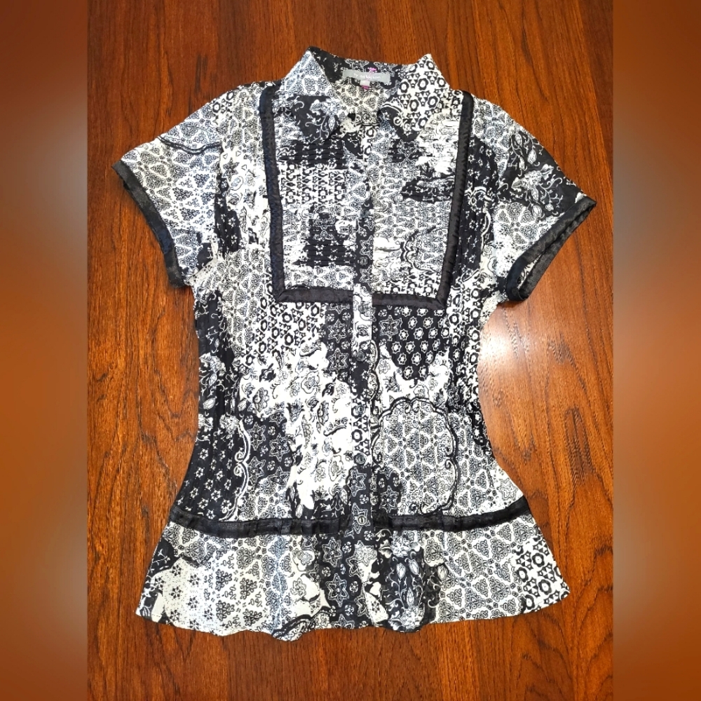 NY Collection Women's Large Black White Buttonup Sheer Lightweight Casual Blouse